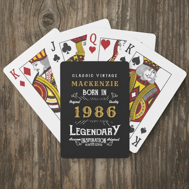 40th Birthday Born 1986 Legend Black Gold Playing Cards (Born 1986 playing card. Wood background.)