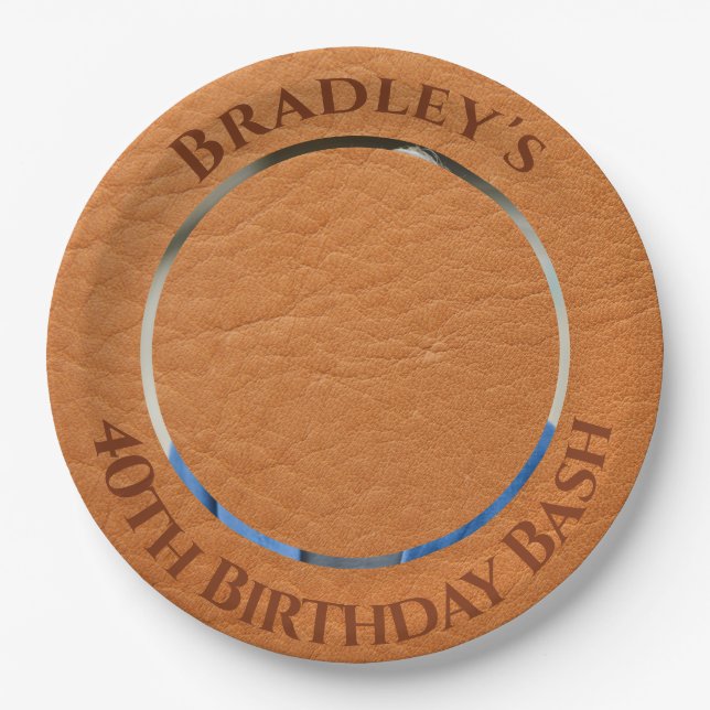 40th Birthday Brown Leather Paper Plate (Front)