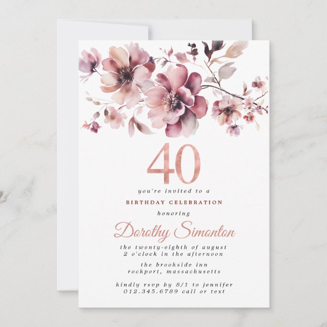 40th Birthday Burgundy Dusty Blush Pink Floral Invitation (Front)