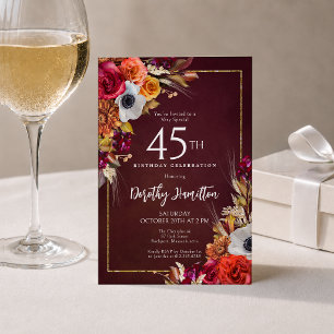 40th Birthday Burgundy Fall Flowers Elegant Script Invitation