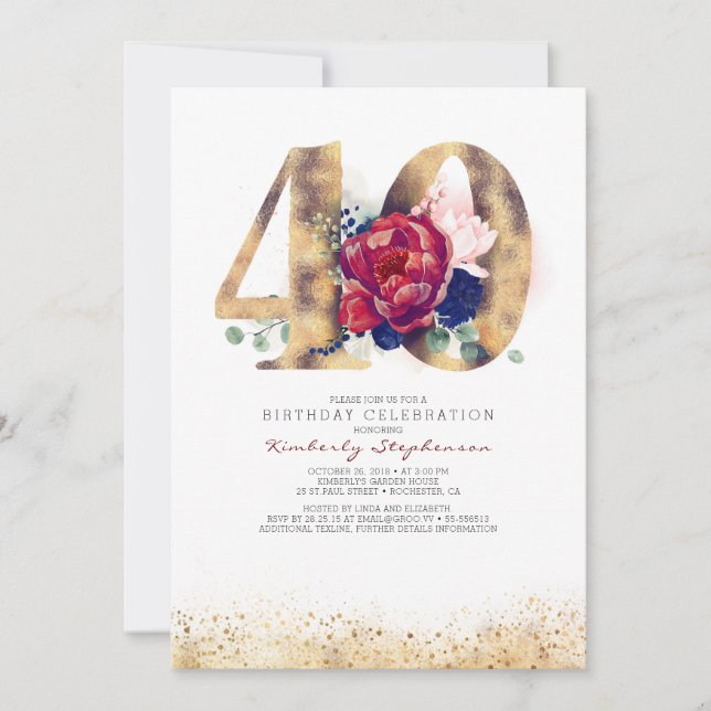 40th Birthday Burgundy Red and Navy Blue Invitation (Front)