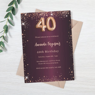 40th birthday burgundy rose gold invitation