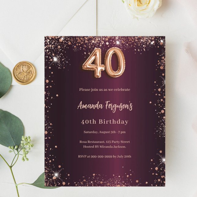 40th birthday burgundy rose gold invitation (Creator Uploaded)