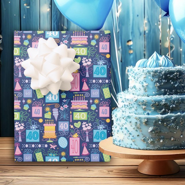 40th Birthday Cake Presents Balloons Blue Wrapping Paper Sheet (Creator Uploaded)