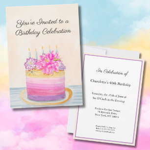 40th Birthday Cake with Dahlia and Garden Insect   Invitation