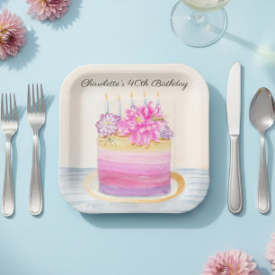 40th Birthday Cake with Dahlia and Garden Insect   Paper Plate