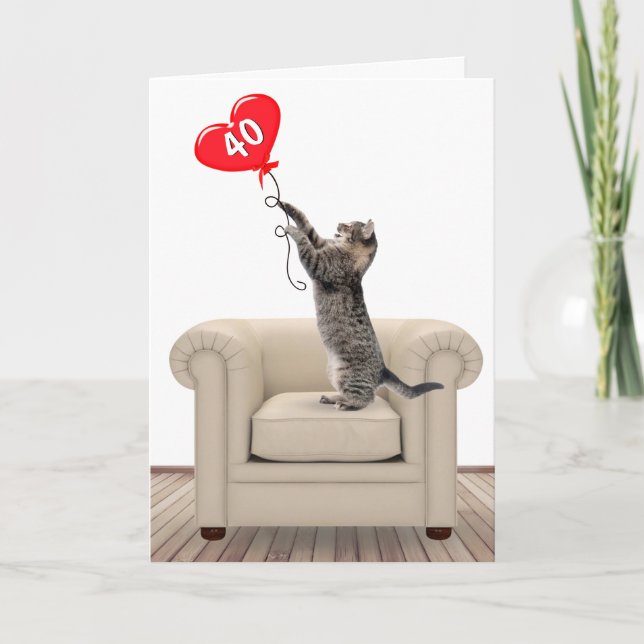 40th Birthday Cat With Heart Balloon Card (Front)