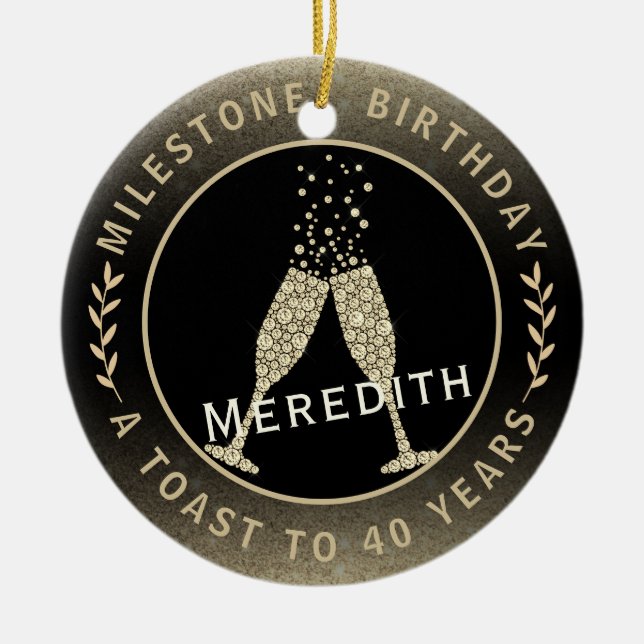  40th Birthday Champagne Toast Name Gold Black Ceramic Tree Decoration (Front)