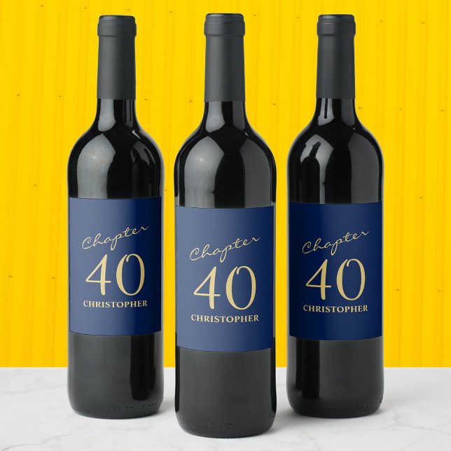 40th Birthday Chapter 40 Blue Gold Wine Label (Personalized 40th Birthday wine labels in blue and gold. Chic and elegant addition to a party.)