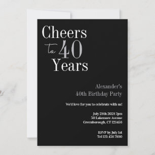 40th Birthday Cheers 40 Years Black Silver Party Invitation