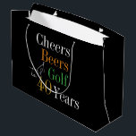40th Birthday Cheers and Beers Golf Black and Gold Large Gift Bag<br><div class="desc">This is a cool and modern, 40th birthday, golf design. It is a simple, minimal design, in classic black and gold typography with pops of orange and green. Perfect for a cool and fun, golf and beer themed, 40th birthday gift or party. It's ideal as a gift or party favour...</div>