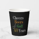 40th Birthday Cheers and Beers Golf Black and Gold Paper Cups<br><div class="desc">This is a cool and modern, 40th birthday, golf party design. It is a simple, minimal design, in classic black and gold typography with pops of orange and green. Perfect for a cool and fun, golf and beer themed, 40th birthday party. This design is fully customisable, simply use the personalise...</div>