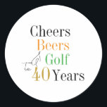 40th Birthday Cheers and Beers Golf Party Classic Round Sticker<br><div class="desc">This is a cool and modern, 40th birthday, golf party design. It is a simple, minimal design, in classic black and white, with pops of orange and gold coloured typography. Perfect for a cool and fun, golf and beer themed, 40th birthday party. This design is fully customisable, simply use the...</div>