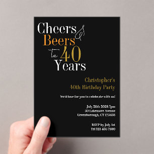 40th Birthday Cheers and Beers Party Black Gold Acrylic Invitations