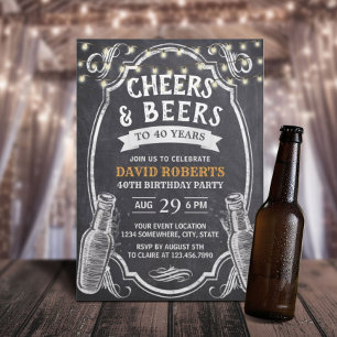 40th Birthday Cheers & Beers Rustic Chalkboard Invitation