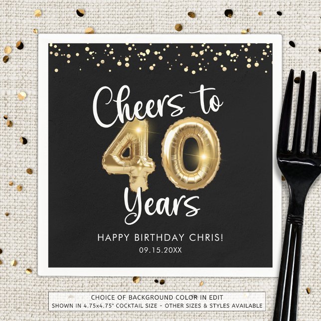 40th Birthday Cheers to 40 Years Black Gold Napkin (Creator Uploaded)