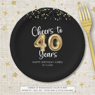 40th Birthday Cheers to 40 Years Black Gold Paper Plate