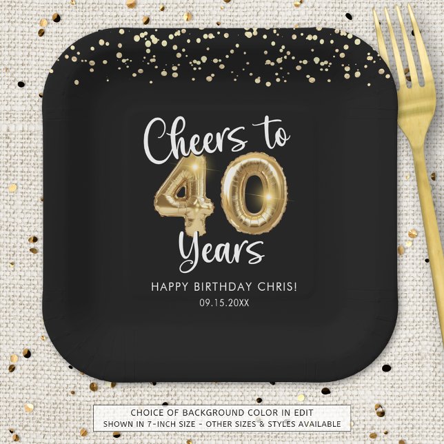 40th Birthday Cheers to 40 Years Black Gold Paper Plate (Creator Uploaded)