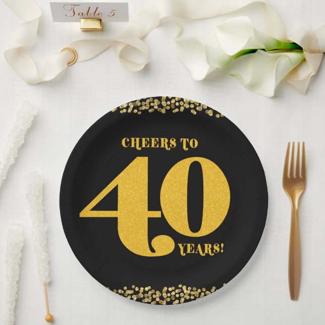 40th Birthday Cheers to 40 Years Fourty Gold Black Paper Plate (Wedding)
