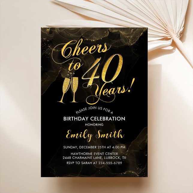40th Birthday - Cheers To 40 Years Gold Black Invitation (Creator Uploaded)