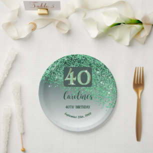 40th Birthday Chic Falling Green Glitter Paper Plate