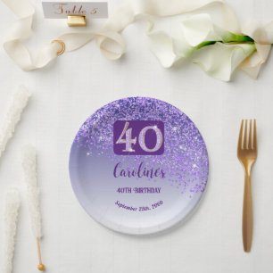 40th Birthday Chic Falling Purple Glitter Paper Plate