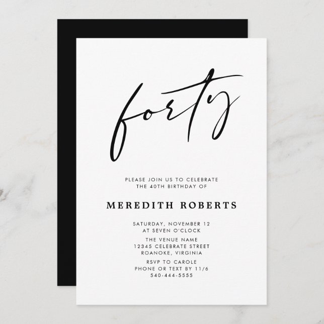  40th Birthday Chic Modern Script Minimalist Party Invitation (Front/Back)