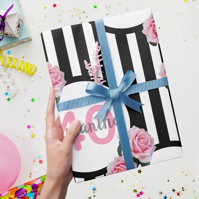 40th birthday chic pink roses black white stripes wrapping paper (Creator Uploaded)