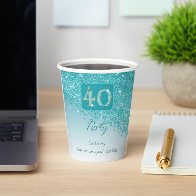 40th Birthday Classy Falling Teal Blue Glitter Paper Cups (Insitu)
