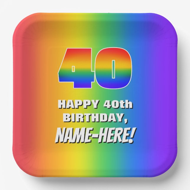 40th Birthday: Colourful, Fun Rainbow Pattern # 40 Paper Plate (Front)