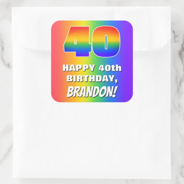 40th Birthday: Colourful, Fun Rainbow Pattern # 40 Square Sticker (Bag)