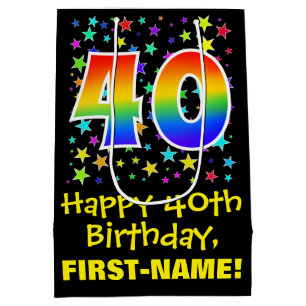 40th Birthday: Colourful Stars Pattern & Rainbow 4 Medium Gift Bag