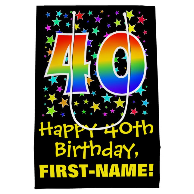 40th Birthday: Colourful Stars Pattern & Rainbow 4 Medium Gift Bag (Back)