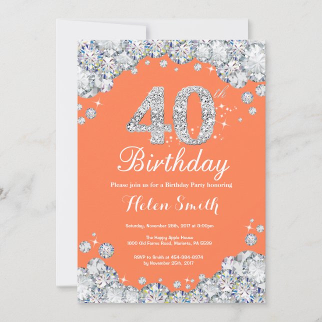 40th Birthday Coral and Silver Diamond Invitation (Front)