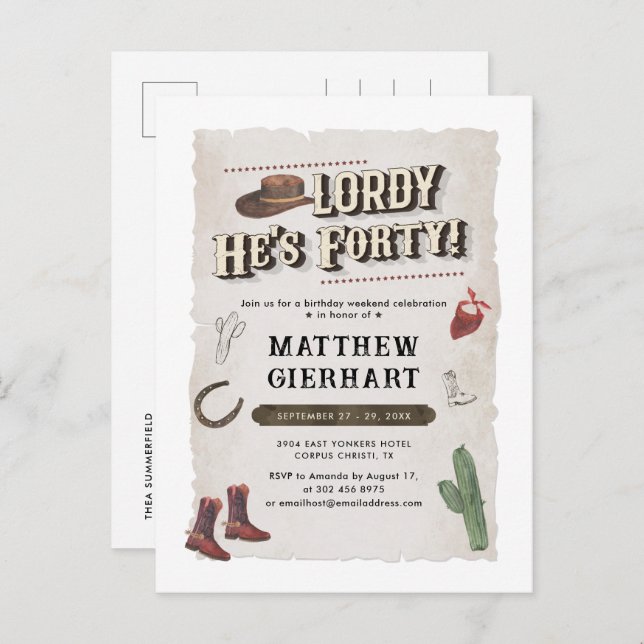 40th Birthday Cowboy Rodeo Party Retro Invitation Postcard (Front/Back)