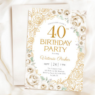 40th Birthday Cream Gold Floral Feminine Invitation