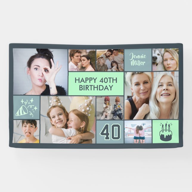 40th Birthday Custom Photo Collage Dusty Green Banner (Horizontal)