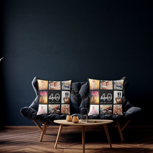 40th birthday custom photo collage woman black cushion (Creator Uploaded)