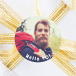 40th birthday custom photo hello 40 guys classic round sticker<br><div class="desc">Template for Your photo.  White text overlay: Hello 40!  Curved text. A sticker for a 40th birthday party for him.</div>
