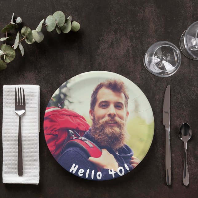 40th birthday custom photo hello 40 guys paper plate (Creator Uploaded)