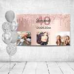 40th birthday custom photo rose gold pink glitter banner<br><div class="desc">For a 40th birthday as a party welcome banner or wall decoration. A collage of 3 of your photos of herself friends, family, interestsor pets. Personalise and add her name, age 40 and a date. Date of birth or the date of the birthday party. A girly rose gold, blush pink...</div>