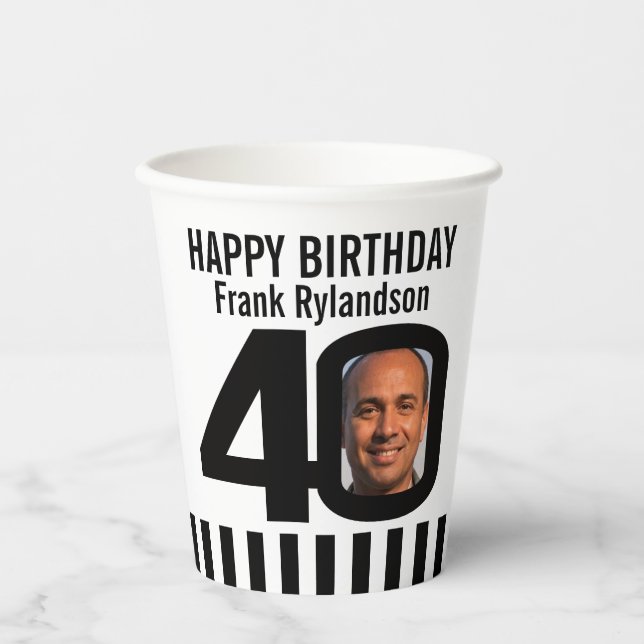 40th birthday custom two photo black white paper cups (Front)