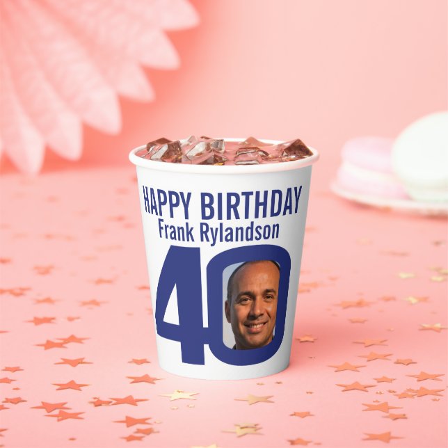 40th birthday custom two photo blue white paper cups (Insitu)
