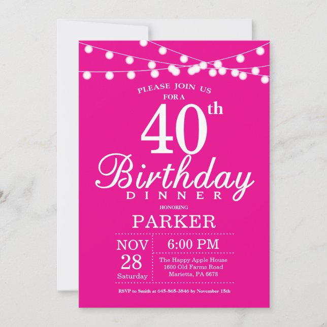 40th Birthday Dinner Invitation Hot Pink (Front)