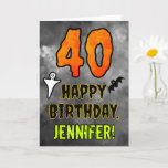 40th Birthday: Eerie Halloween Theme   Custom Name Card<br><div class="desc">The front of this spooky and scary Halloween themed birthday greeting card design features a large number “40”. It also features the message “HAPPY BIRTHDAY, ”, plus a customisable name. There are also depictions of a ghost and a bat on the front. The inside features a custom birthday greeting message,...</div>