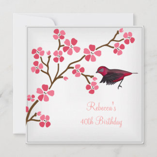 40th Birthday Elegant Asian Pink Flowers Bird 2 Invitation