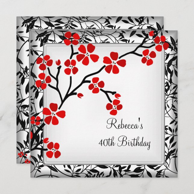 40th Birthday Elegant Asian Red Flowers White Invitation (Front/Back)