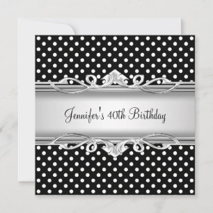 40th Birthday Elegant Black White spot Silver Invitation