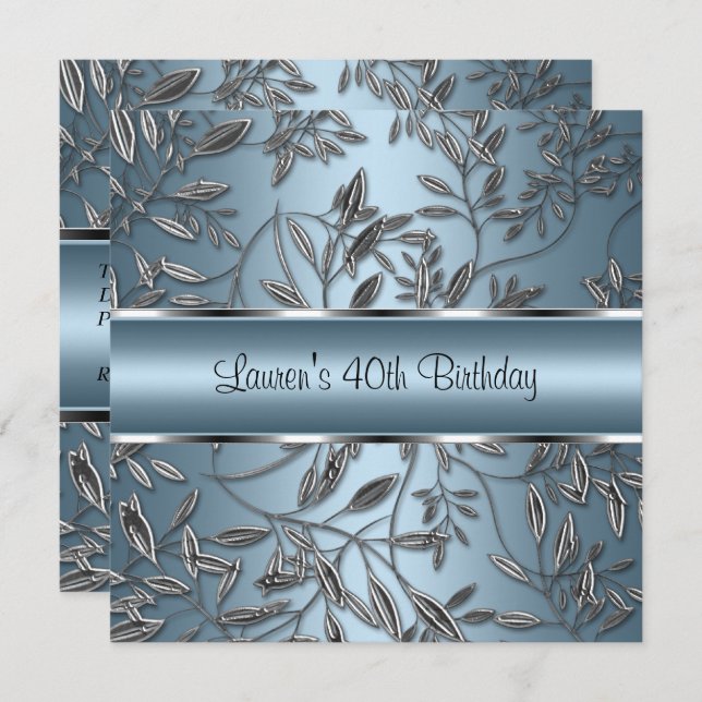 40th Birthday Elegant Blue Silver Floral Invitation (Front/Back)