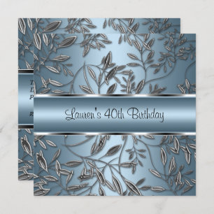 40th Birthday Elegant Blue Silver Floral Invitation